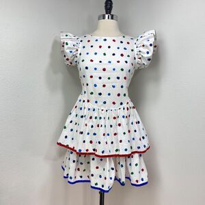 Amy Too! Vintage 80s Dress Girls (Size 14) XS Cotton Colorful Polks Dots Ruffles